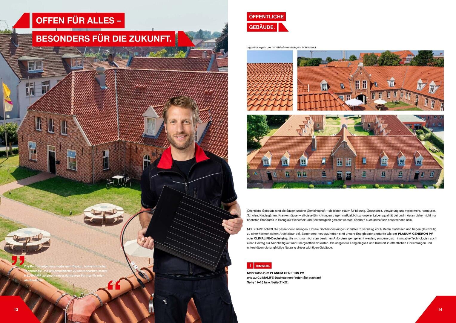 A smiling worker in a black uniform holds a solar panel above an aerial view of brick public buildings with red-tiled roofs. Insets show closer views of the rooftops and the surrounding outdoor courtyard with tables.