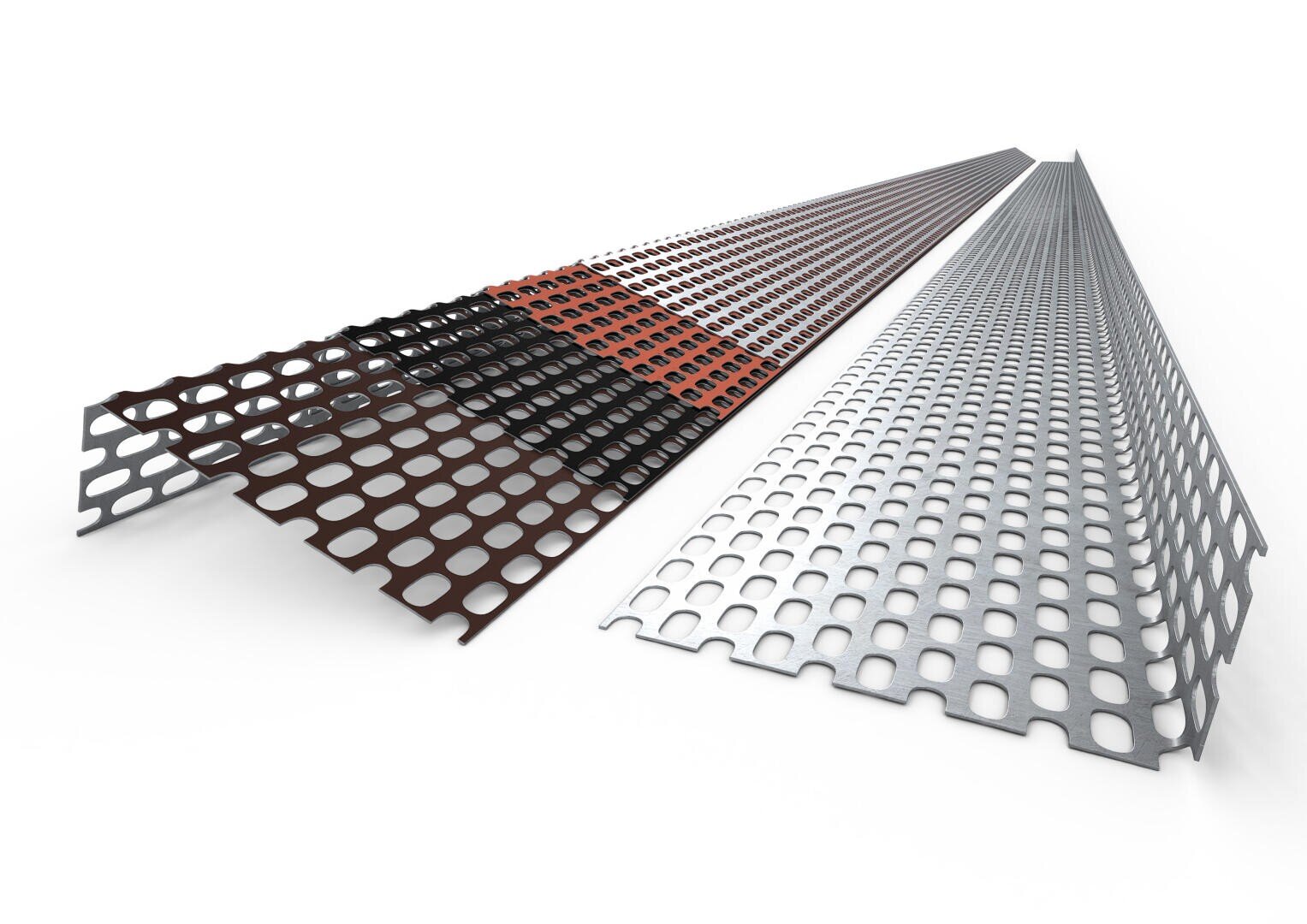 Auf einem weißen Hintergrund sind zwei perforierte Metallecken abgebildet. Eine ist silbern, die andere hat Segmente in Schwarz, Rot und Braun. Beide haben ein Muster aus großen ovalen Löchern und werden für die Eckverstärkung von Trockenbauwänden verwendet.