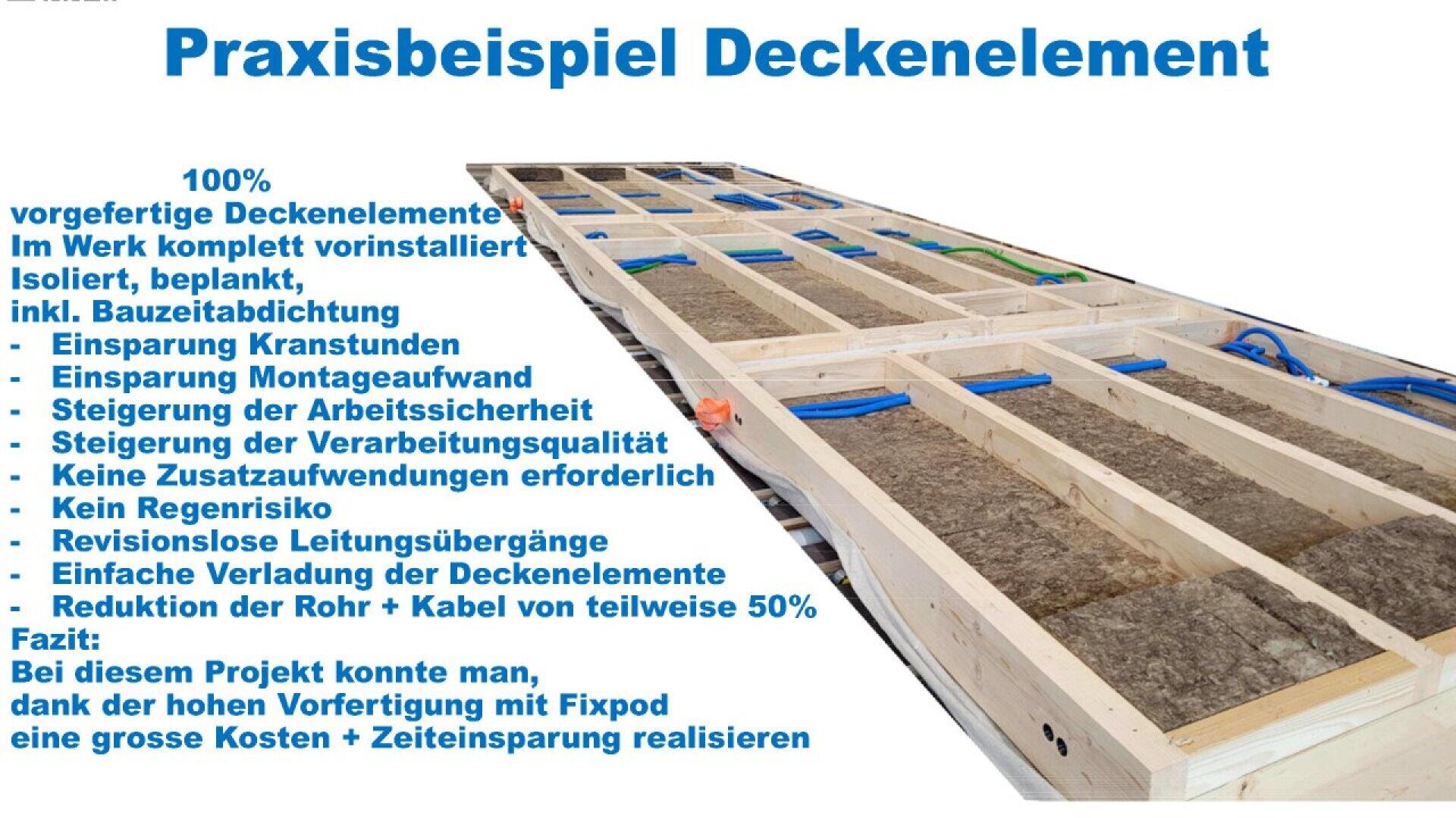 A prefabricated ceiling element is shown with wooden framing, insulation, and visible wiring. Text in German explains its advantages, such as reduced costs, faster installation, and improved efficiency.