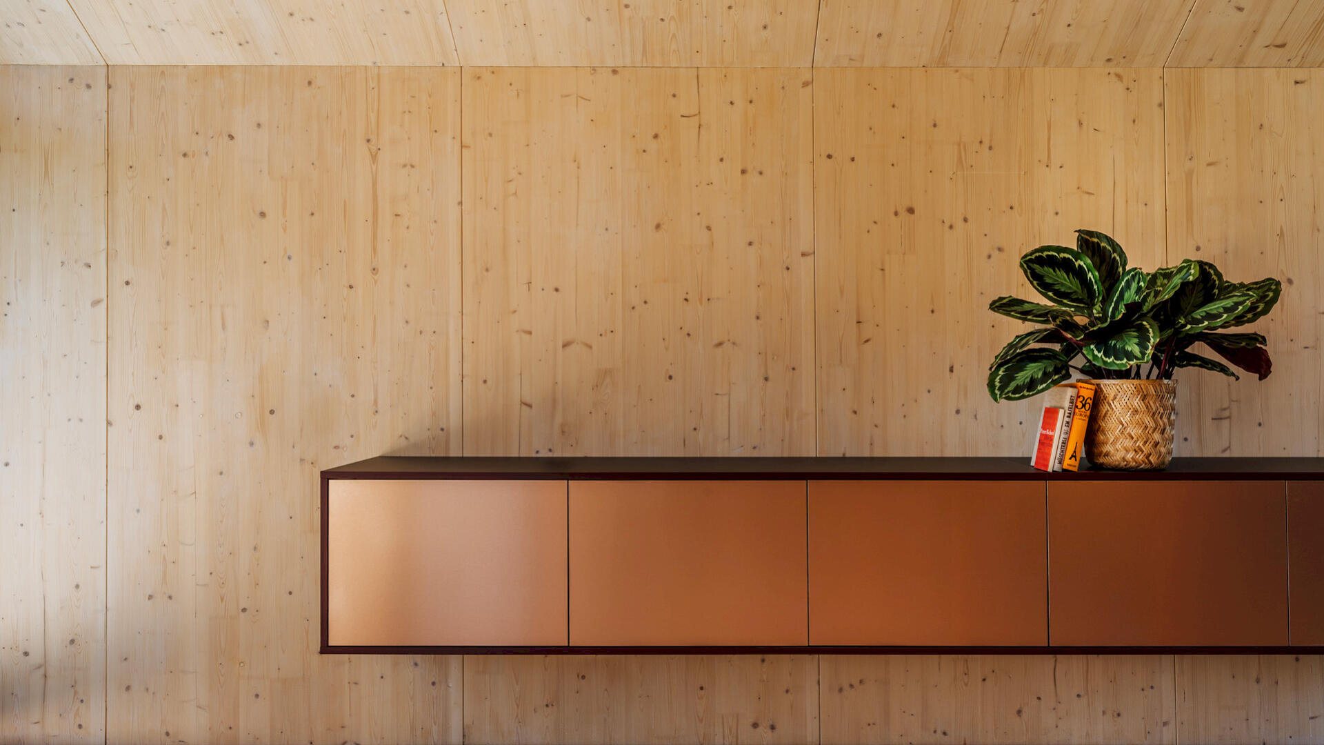 Ein minimalistischer Raum mit hellen Holzpaneelen an Wänden und Decke. Auf einem modernen, kupferfarbenen Hängeschrank stehen eine Topfpflanze und zwei gestapelte orangefarbene Bücher.