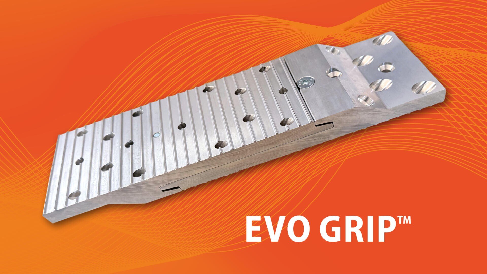 A metallic, ribbed grip plate with several holes is depicted on an orange background with wavy yellow lines. The text EVO GRIP™ appears in bold white letters in the bottom right-hand corner.