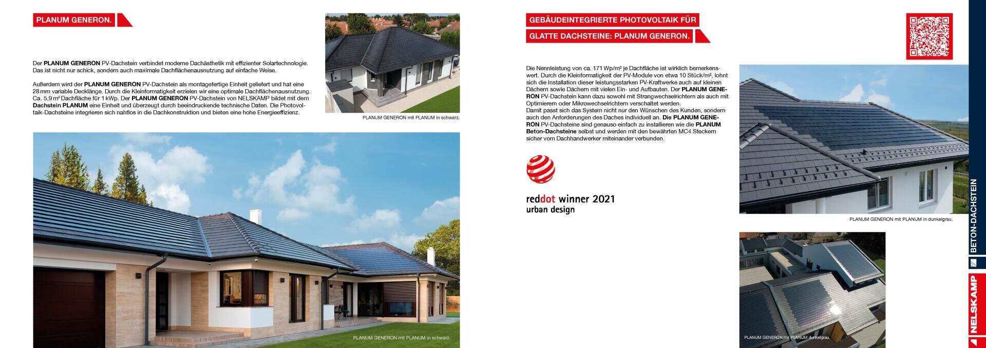 A brochure shows modern houses with elegant, dark flat roof tiles. Close-up and aerial shots highlight the smooth roof design and the integrated photovoltaic modules. The brochure features German text and a Red Dot Design Award logo.