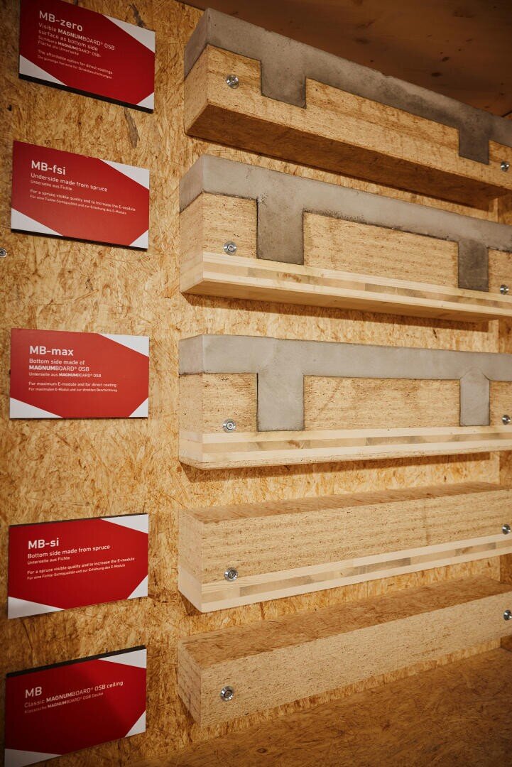 Fünf beschriftete Querschnittmodelle von der massiven Holz-Beton-Verbunddecke SWISS KRONO MAGNUMBOARD® OSB sind zu sehen.