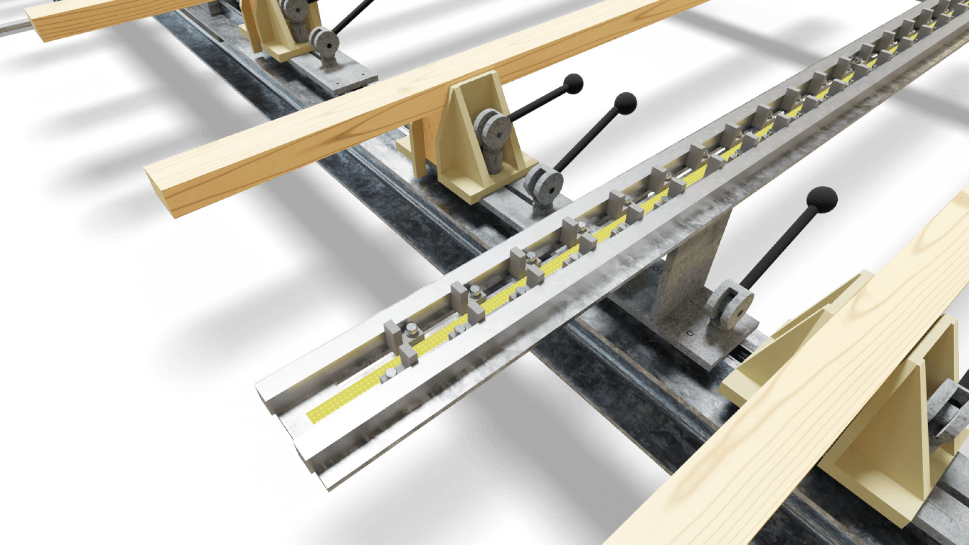 Nahaufnahme eines Schienenmontagesystems mit Metallschienen, Holzbalken und mechanischen Hebeln auf Stützen, die Komponenten für den Bau oder die Ausrichtung von Gleisen zeigen.
