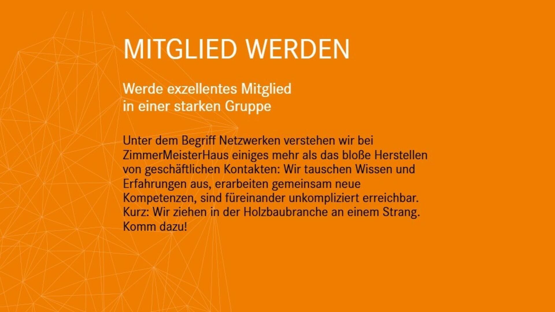 Orangefarbene Grafik mit weißem deutschen Text, der dazu einlädt, Mitglied einer starken Gruppe zu werden. Geometrisches Muster auf der linken Seite; Hauptüberschrift ist MITGLIED WERDEN mit weiterem beschreibendem Text darunter über Vernetzung und Zusammenarbeit.