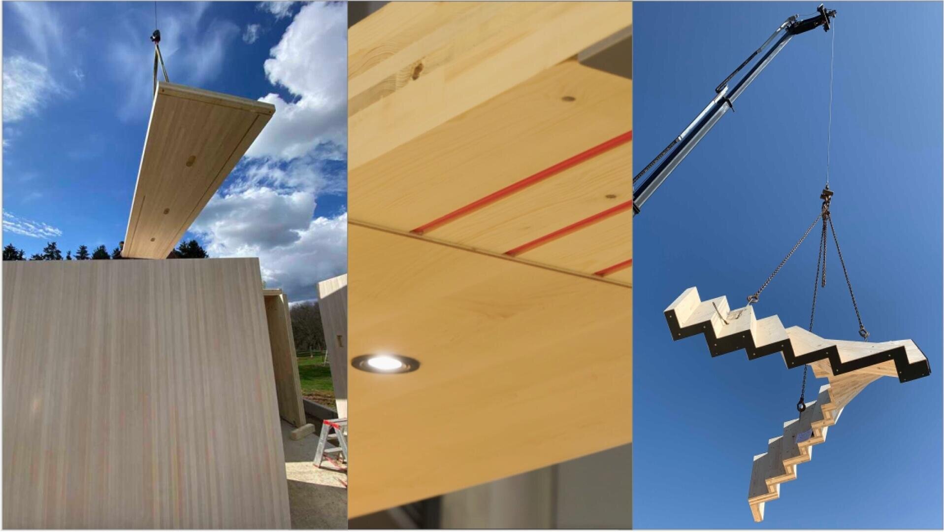 Zusammengesetztes Bild, das drei Szenen zeigt: Wand und Decke aus Brettsperrholz mit exklusiver Sichtoberfläche, eine Nahaufnahme einer BSP-Decke mit Heizschleifen und integrierter Beleuchtung und eine halbgewendelte Brettsperrholz-Treppe, die von einem Kran hochgezogen wird.