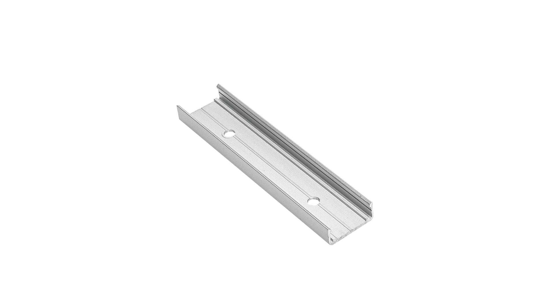 Eine silberne Metall-Montageschiene mit einem U-förmigen Kanal und zwei runden Löchern, dargestellt auf weißem Hintergrund.