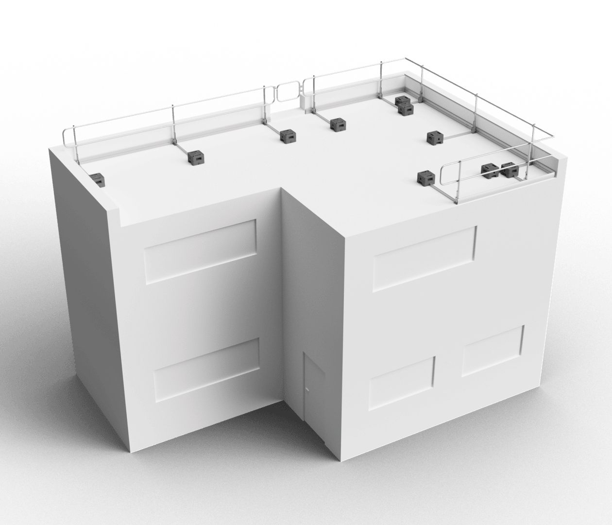 3D-Rendering eines weißen, L-förmigen Gebäudes mit Flachdach, minimalen Fenstern, einer Tür und einem Sicherheitsgeländer aus Metall entlang der Dachkante. Das Gebäude steht vor einem schlichten weißen Hintergrund.