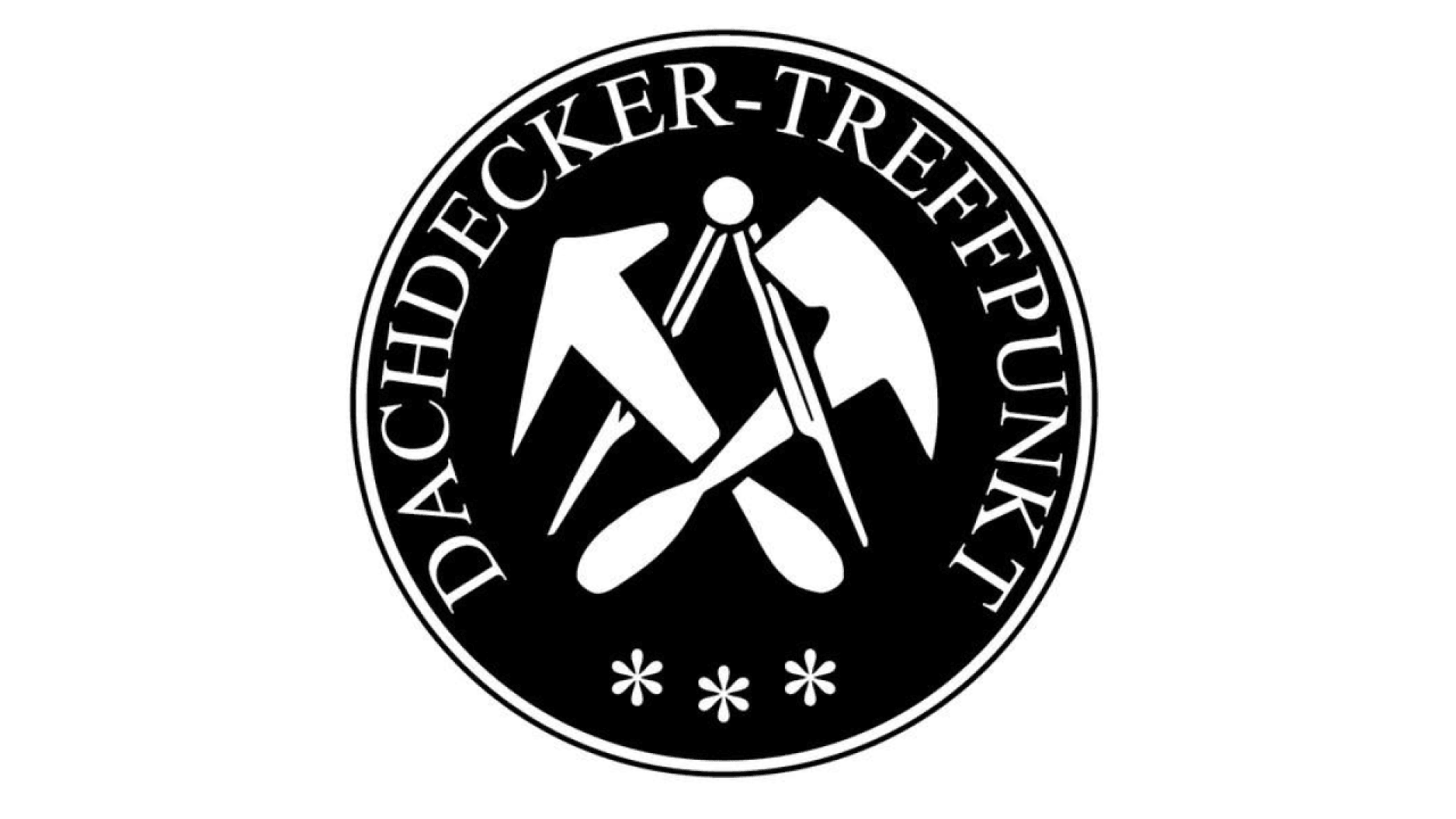 Black and white circular logo with the words DACHDECKER-TREFFPUNKT around the edge, featuring crossed roofing tools (hammer and axe) and three asterisks at the bottom.