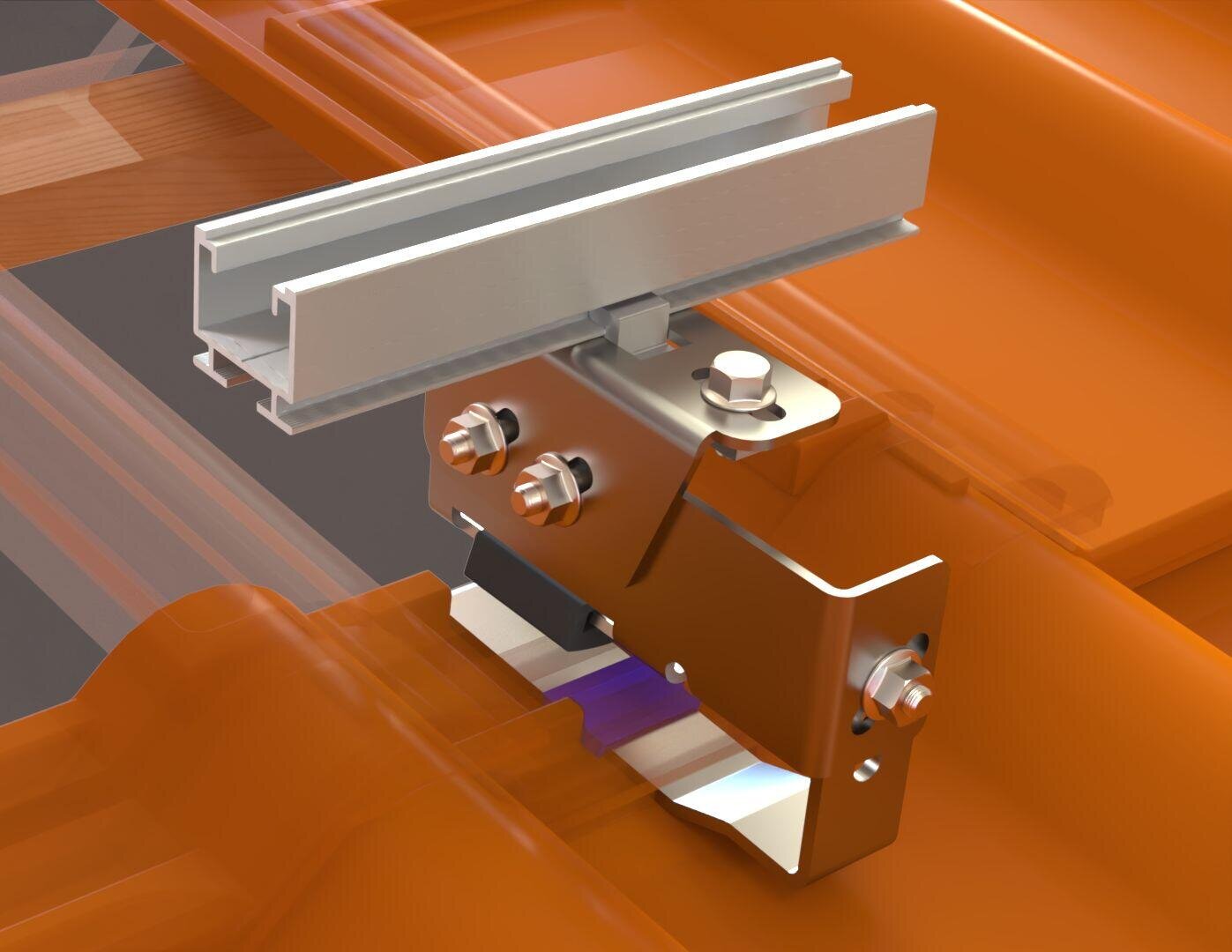Eine 3D-Nahaufnahme einer Metalldachklemme, die an einer orangefarbenen Metalldachplatte befestigt ist. Die Klammer ist mit Schrauben befestigt und trägt eine horizontale silberne Schiene für die Montage von Solarmodulen.