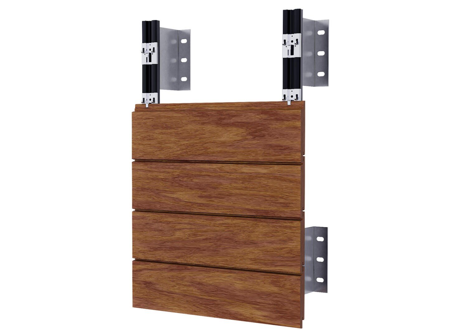 Eine Nahaufnahme eines Holzpaneel-Rainscreen-Verkleidungssystems, das vier horizontale Holzpaneele zeigt, die auf einer Metallträgerstruktur mit vertikalen Schienen und Klammern montiert sind.