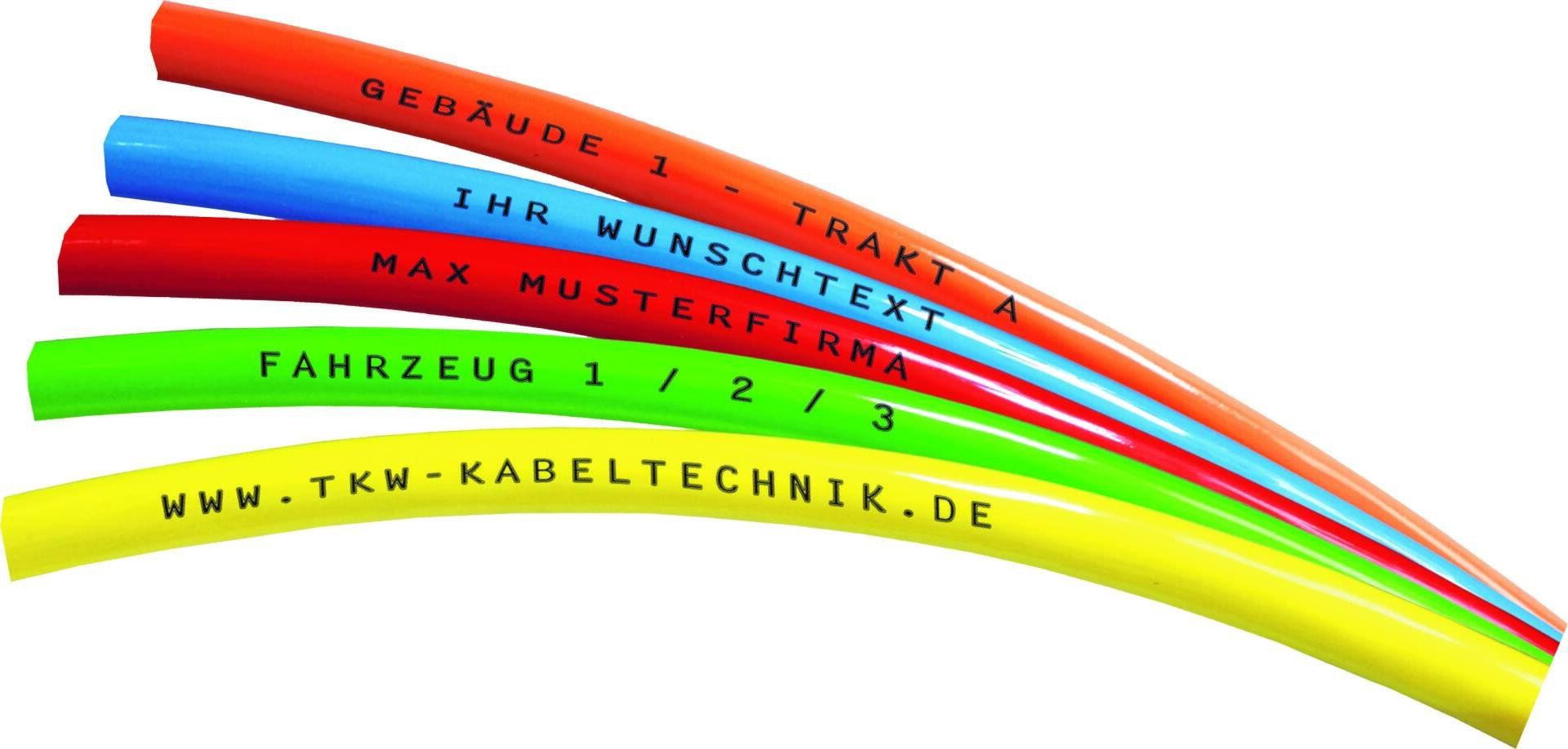 Fünf farbige Kabel (blau, rot, orange, grün und gelb), die fächerförmig angeordnet sind und jeweils mit einem anderen schwarz gedruckten Text beschriftet sind, einschließlich einer Website auf dem gelben Kabel.