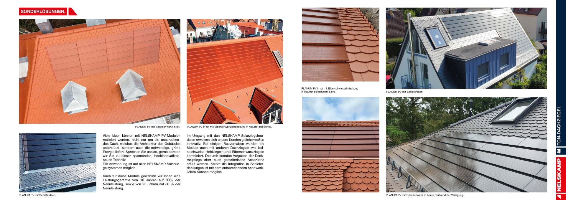 A collage of five images showing different roofs with different roof tiles and integrated solar modules to highlight the different colors, textures and solar technology installations.