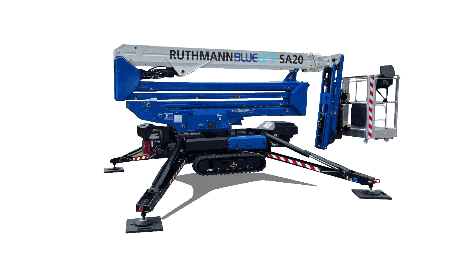 A blue and white Ruthmann BLUELIFT SA20 tracked aerial platform with extended stabilizing legs and a raised platform for working at height, shown on a white background.
