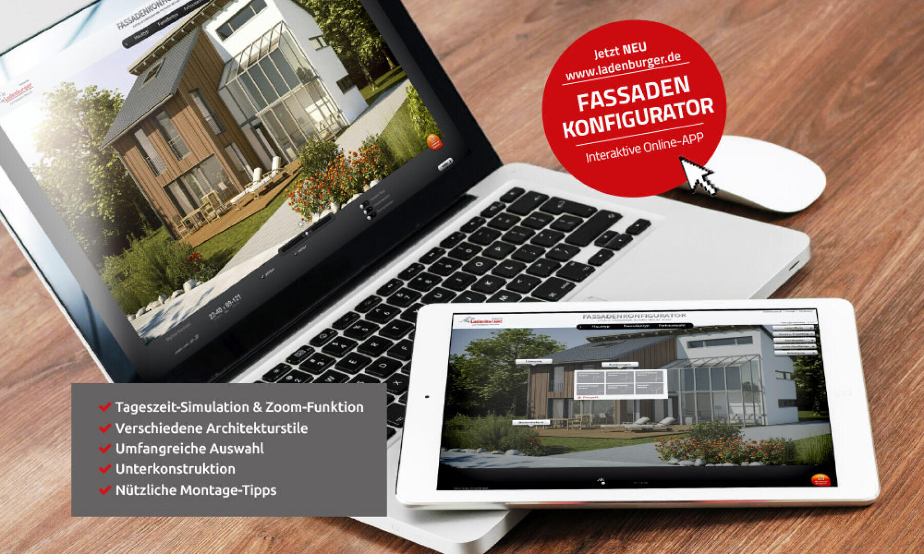 Ein Laptop und ein Tablet auf einem Schreibtisch zeigen eine App zur Gestaltung von Hausfassaden. Ein roter Kreis wirbt für einen neuen interaktiven Fassadenkonfigurator. Eine Checkliste hebt Funktionen wie Simulation, Architekturstile und Konstruktionstipps hervor.