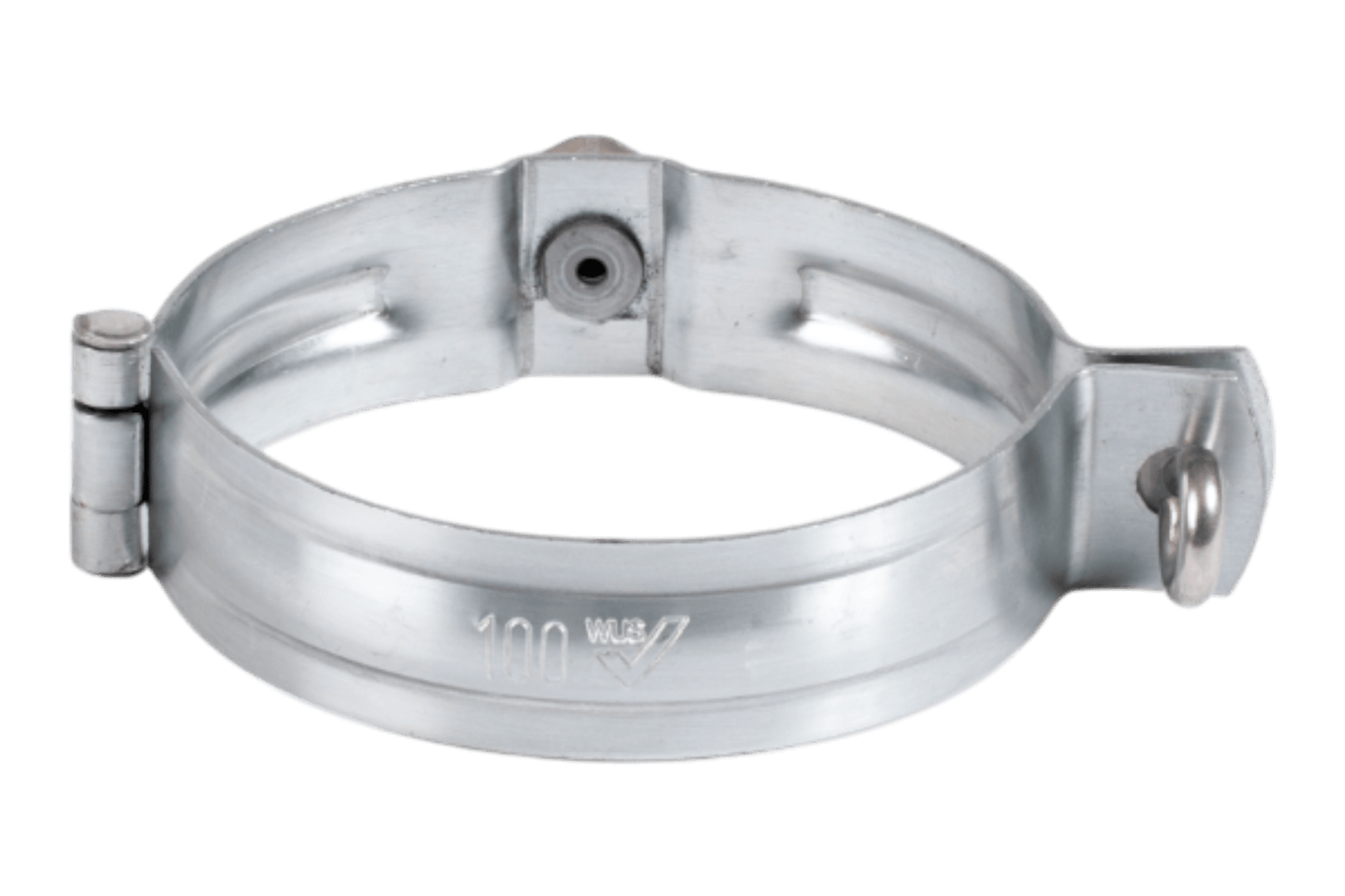 Eine silberne Metallrohrschelle mit einem Scharnier auf der einen und einer Feststellschraube auf der anderen Seite, die zur Befestigung zylindrischer Gegenstände dient.