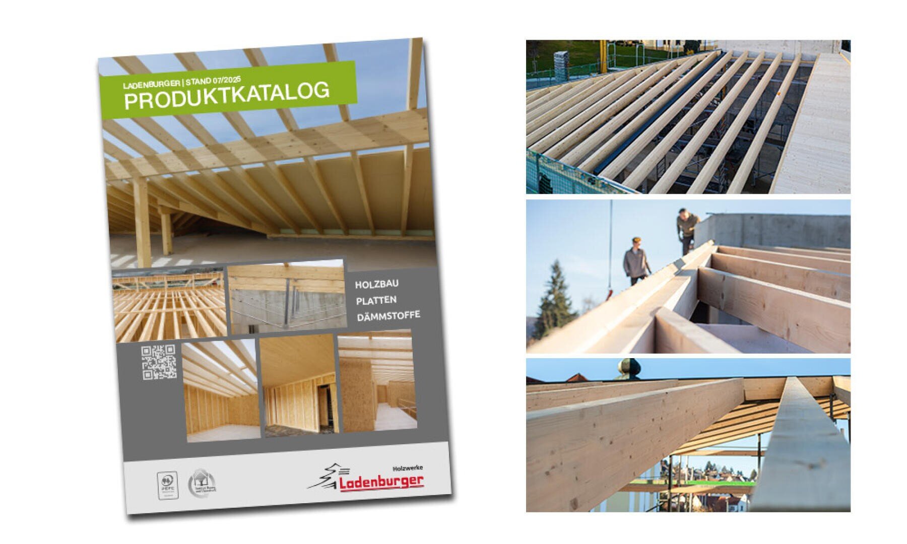 Umschlag eines Produktkatalogs von Lodenburger zum Thema Holzbau, mit vier kleineren Bildern auf der rechten Seite, die Nah- und Weitwinkelaufnahmen von Holzbalken und Gebäudestrukturen im Bau zeigen.