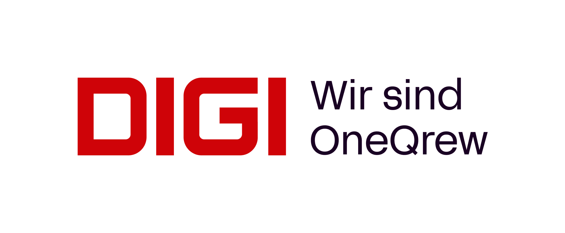 Logo mit fetter roter Schrift DIGI und schwarzer Schrift Wir sind OneQrew auf hellgrauem Hintergrund.