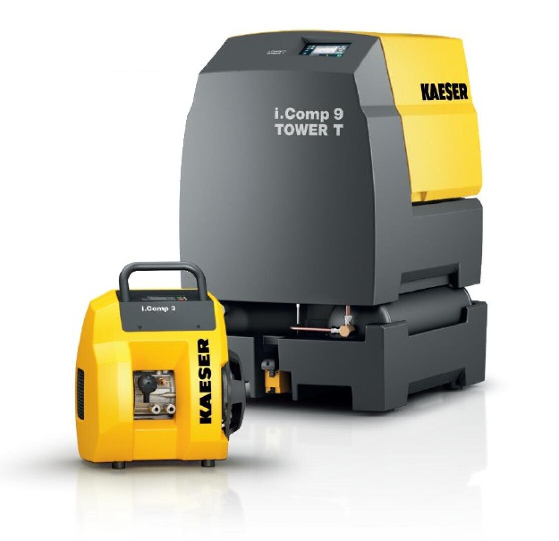 Two yellow-grey KAESER air compressors are pictured: a large, box-shaped i.Comp 9 TOWER T model and a smaller, portable i.Comp 3 model with handle. Both bear the KAESER brand name.