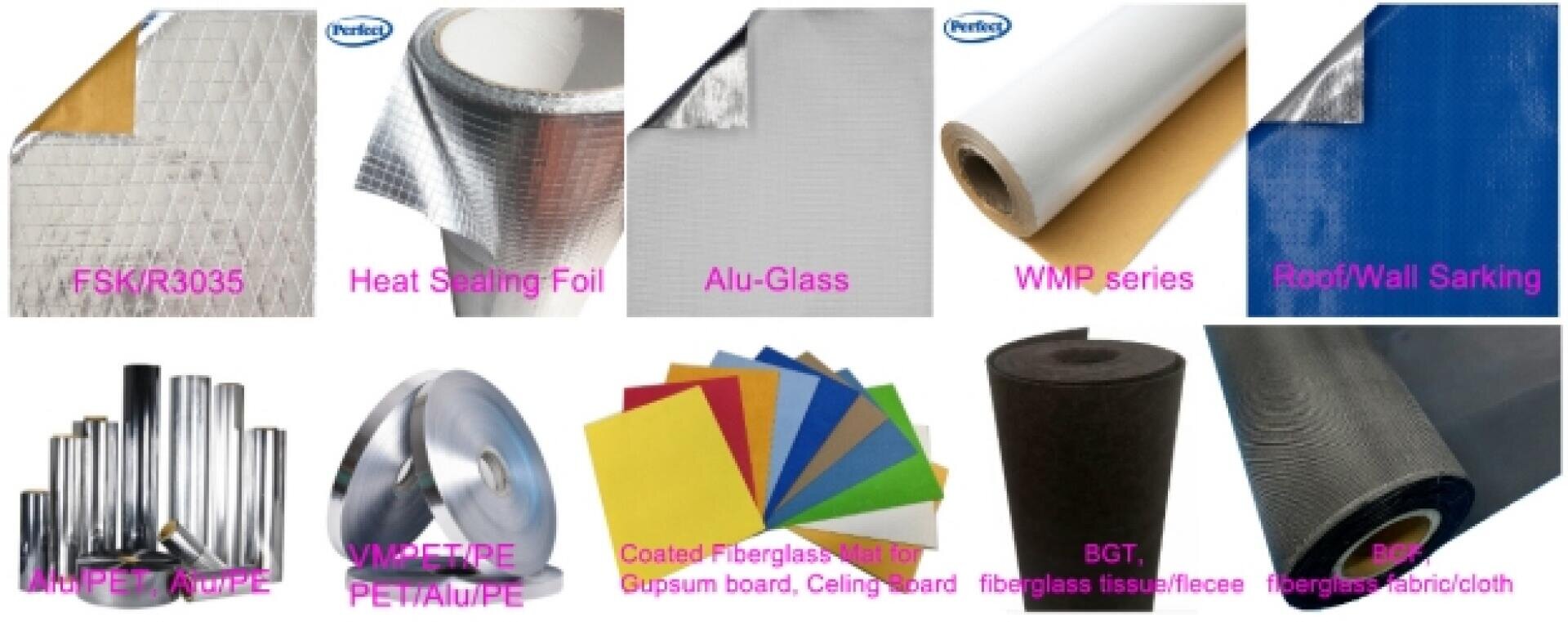 A collage showing rolls and sheets of building insulation materials: FSK/R3035, Heat Sealing Foil, Alu-Glass, WMP series, Roof/Wall Sarking, and various films, boards, and fabrics, each labeled by type.