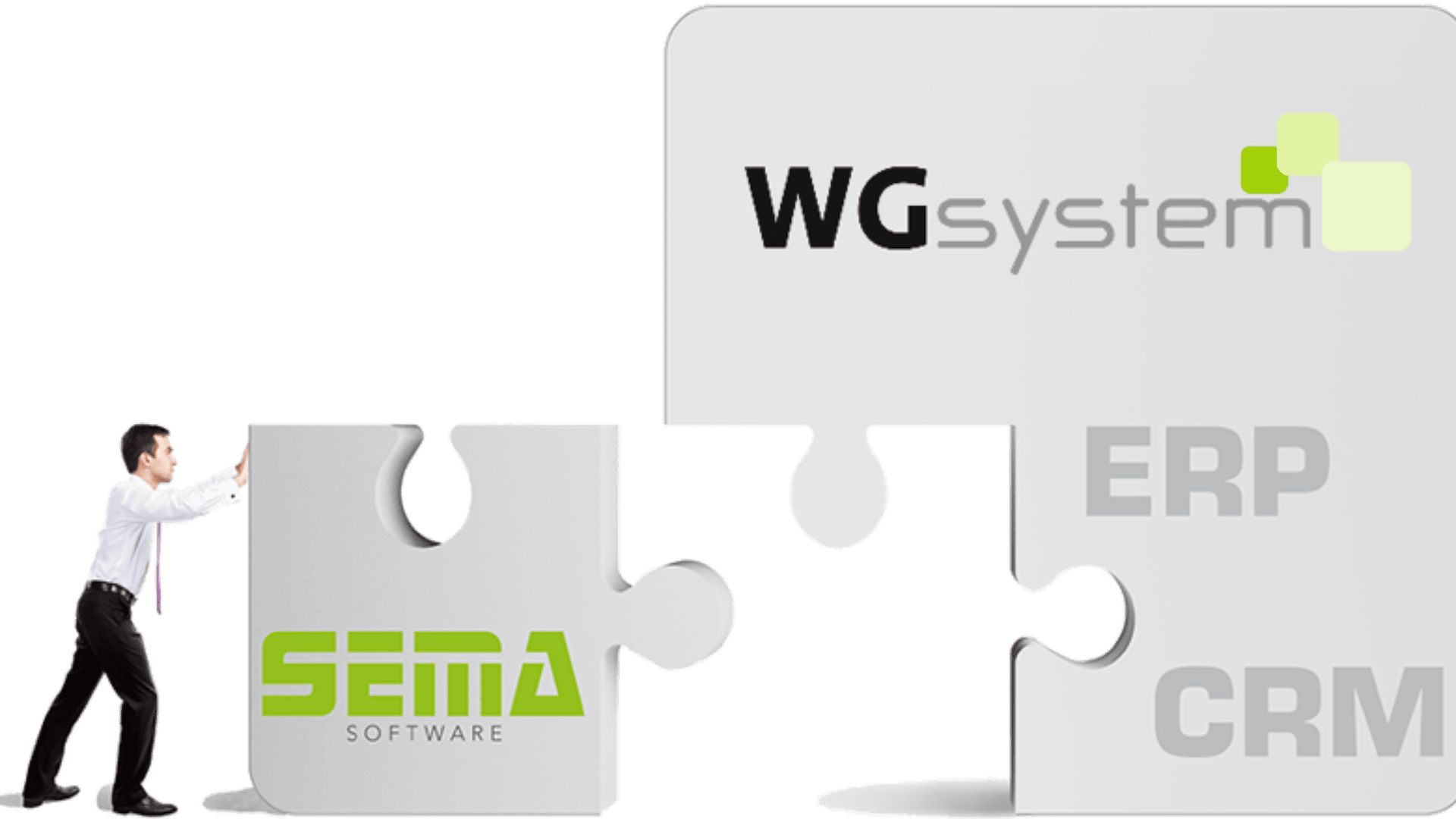 Ein Mann schiebt ein großes Puzzleteil mit der Aufschrift „SEMA Software“ zu einem anderen Teil mit der Aufschrift „WGsystem“, auf dem auch die Wörter „ERP“ und „CRM“ stehen. Die Puzzleteile scheinen zusammenzupassen.