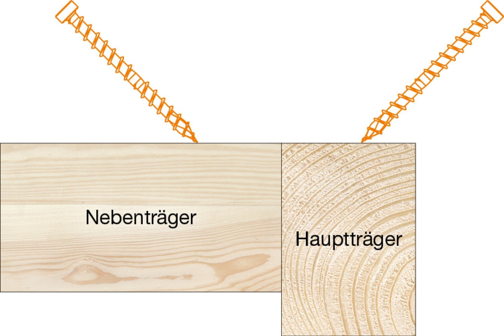 Schema mit zwei miteinander verbundenen Holzbalken: der linke Balken mit der Bezeichnung Nebenträger und der rechte Balken mit der Bezeichnung Hauptträger. Zwei orangefarbene Schrauben verbinden die Balken diagonal miteinander.