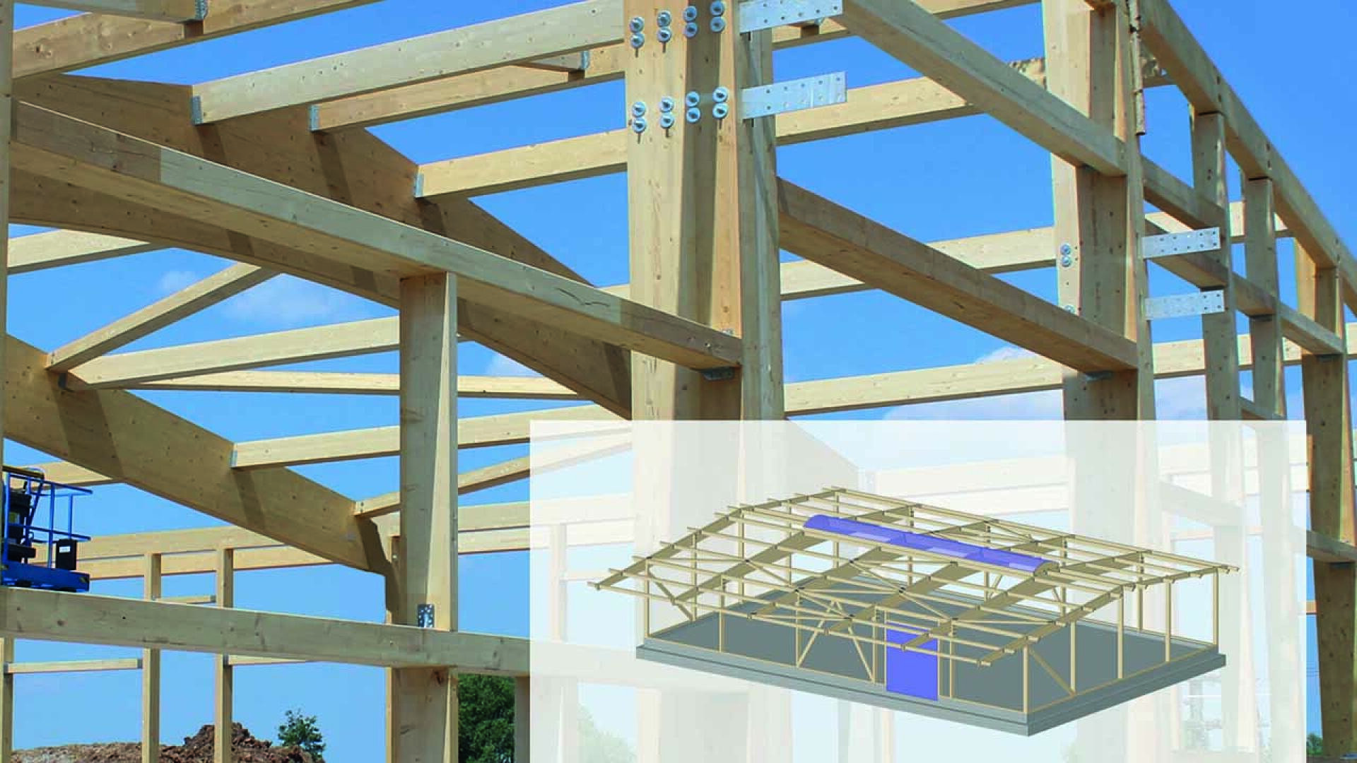 Vor einem blauen Himmel ist ein im Bau befindlicher Holzbaurahmen zu sehen, im Vordergrund ist eine digitale Darstellung der Baustruktur zu sehen.