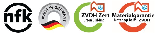 Vier Zertifizierungslogos: nfk in einem schwarzen Kreis, ein Made in Germany-Siegel mit einem Flaggenband, ein grünes ZVDH Zert Green Building-Logo und ein orangefarbenes Materialgarantie ZVDH-Logo mit einem kleinen blauen Haussymbol.