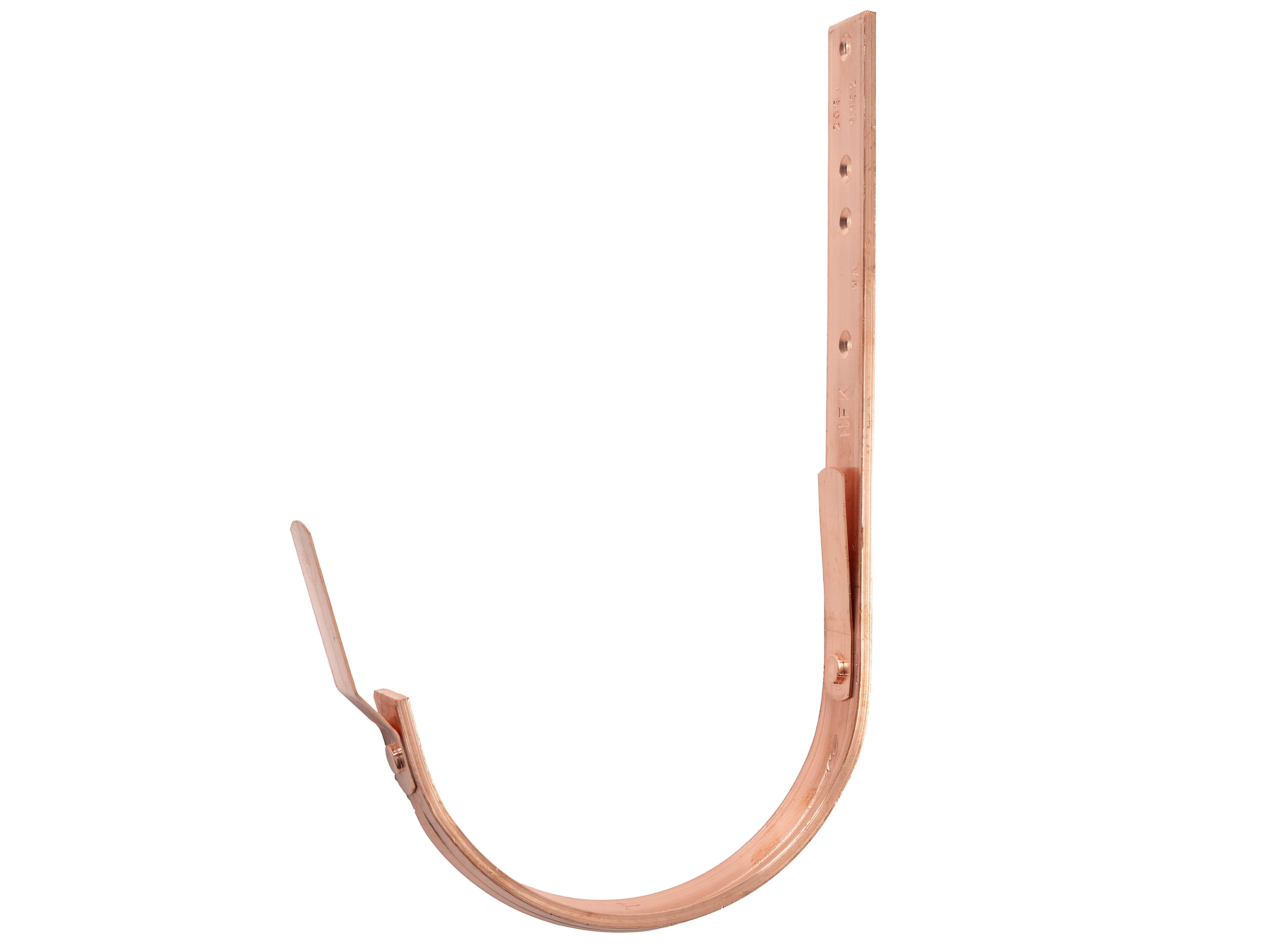 Ein kupferfarbener Metallbügel mit einem langen vertikalen Befestigungsstreifen und einem gebogenen Haken, der zur Befestigung von Dachrinnen an Gebäuden dient.