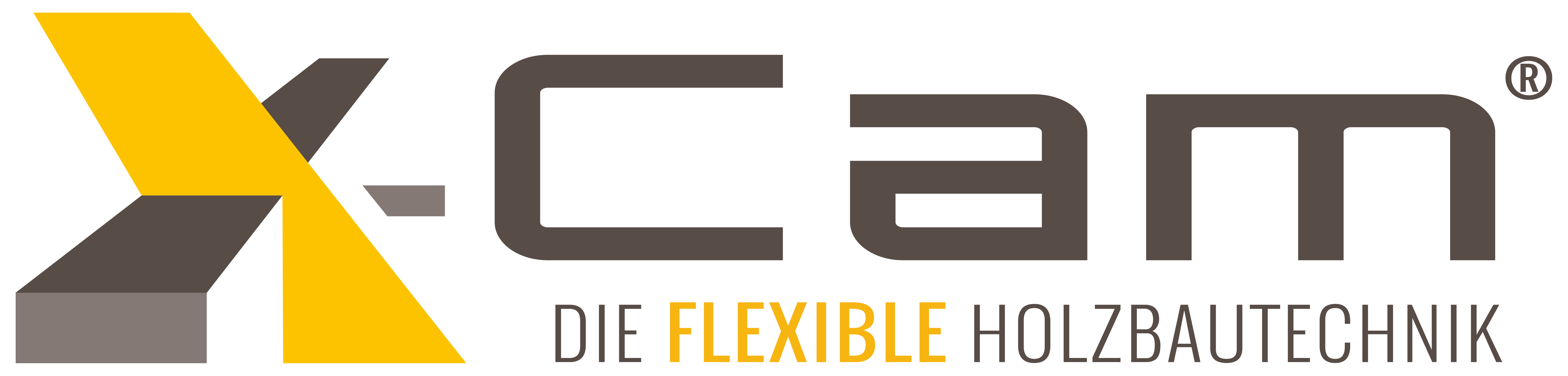 Logo f&uuml;r X-Cam mit einem gro&szlig;en gelben und braunen stilisierten X neben einem grauen Text mit der Aufschrift Cam. Darunter steht DIE FLEXIBLE HOLZBAUTECHNIK, wobei FLEXIBLE gelb hervorgehoben ist.
