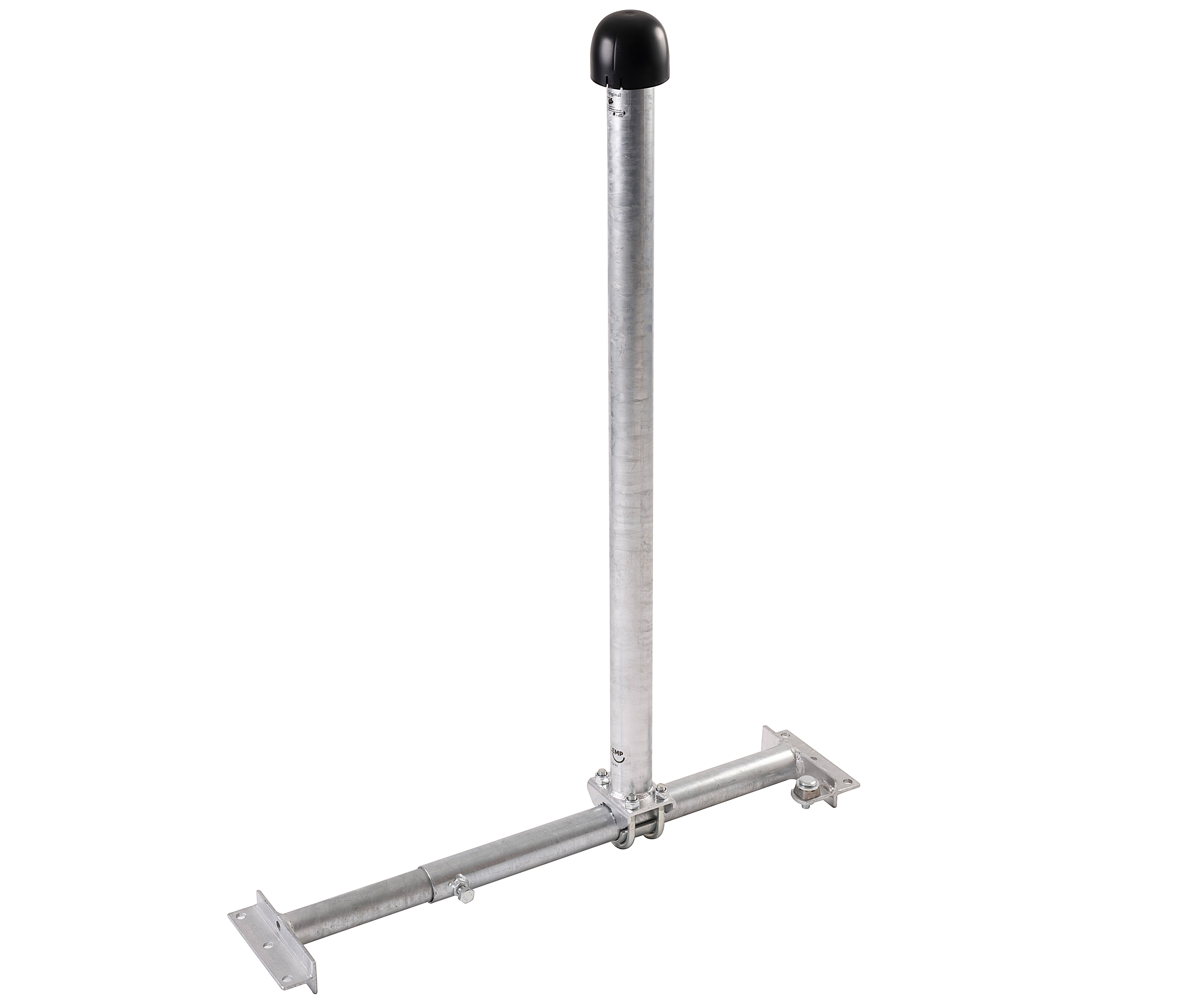 Ein T-förmiger Stützpfosten aus Metall mit einer vertikalen Stange, die mit einer schwarzen Abdeckung versehen ist, und einem horizontalen Sockel mit Befestigungsklammern an beiden Enden.