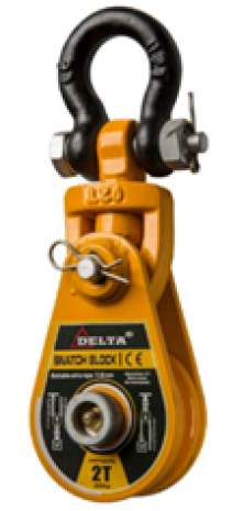 A yellow metal pulley block with black shackle and safety pin, labeled Delta Swatch Block and marked with a weight capacity of 2 tons.