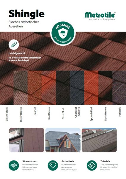 A product flyer for Metrotile Shingle Roofing showing samples of different colored shingles in close-up and on houses, with symbols highlighting storm resistance, aesthetics and accessories. The text is in German.