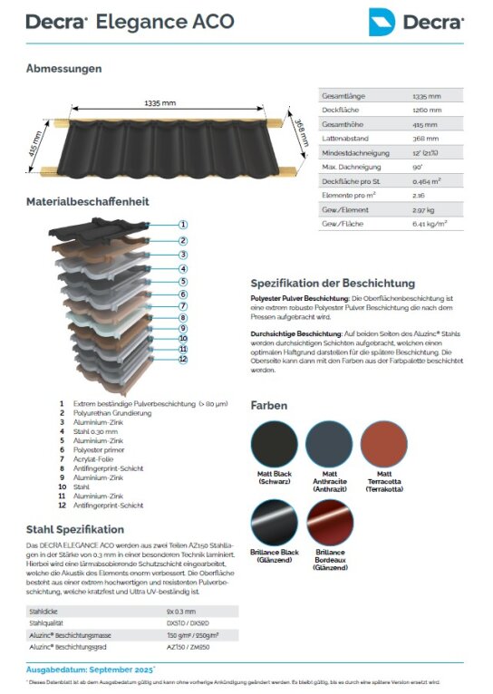 Produktinformationsblatt für Decra Elegance ACO Metalldächer, das ein dunkles, gewelltes Dachpaneel, seine Abmessungen, ein Diagramm der Beschichtungsschichten, technische Daten, verfügbare Farben und einen beschreibenden Text in deutscher Sprache zeigt.