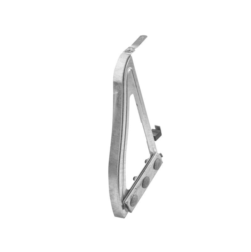 A metal caliper with a triangular frame and a graduated scale, with screws and a sliding part, isolated on a white background.