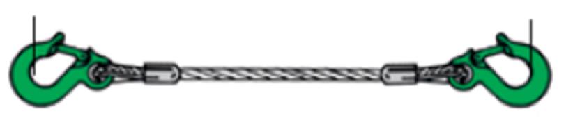 A steel cable sling with metal fittings and green hooks at both ends, shown horizontally.