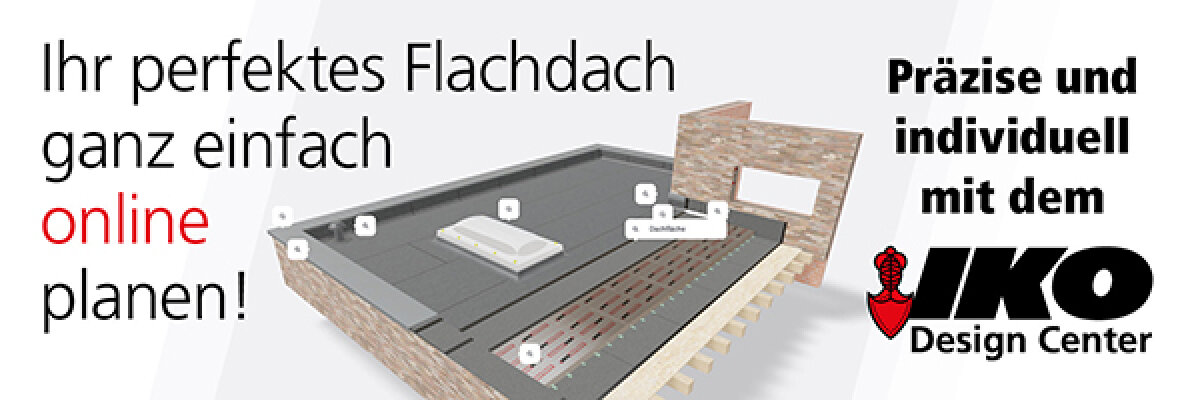 3D illustration of a flat roof model with labeled parts, next to it a German text promoting the online planning of flat roofs, with the logo of the IKO Design Center and the phrase "Plan your perfect flat roof easily online!.