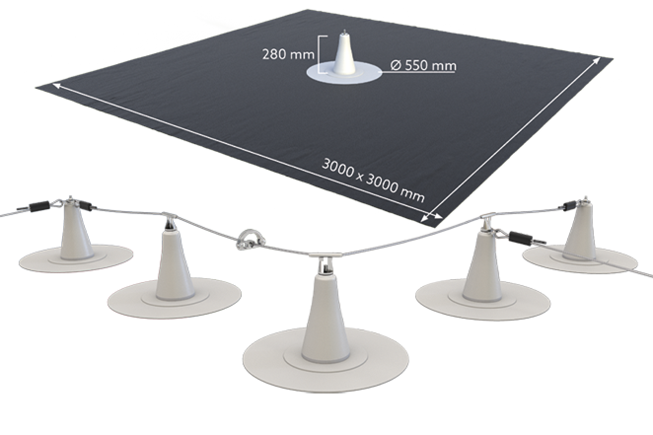Im Vordergrund sind fünf weiße kegelförmige Sicherheitsbarrieren mit einem Kabel verbunden. Im Hintergrund befindet sich ein Kegel in der Mitte einer großen schwarzen quadratischen Matte mit den Maßen 3000 x 3000 mm, auf der weitere Maße markiert sind.