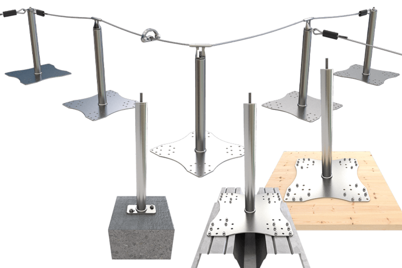 Mehrere Pfosten aus rostfreiem Stahl mit breiten, flachen Befestigungssockeln sind an verschiedenen Oberflächen, darunter Beton, Holz und Metall, angebracht. Ein Kabel verbindet die Oberseiten der Pfosten im Hintergrund.