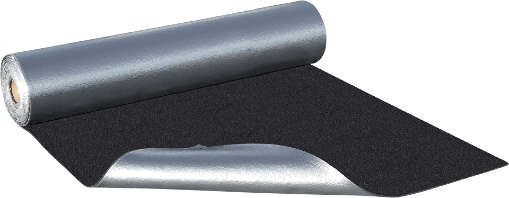 A roll of black and silver reflective insulating material is partially unrolled, revealing the shiny silver surface on one side and the textured black surface on the other.