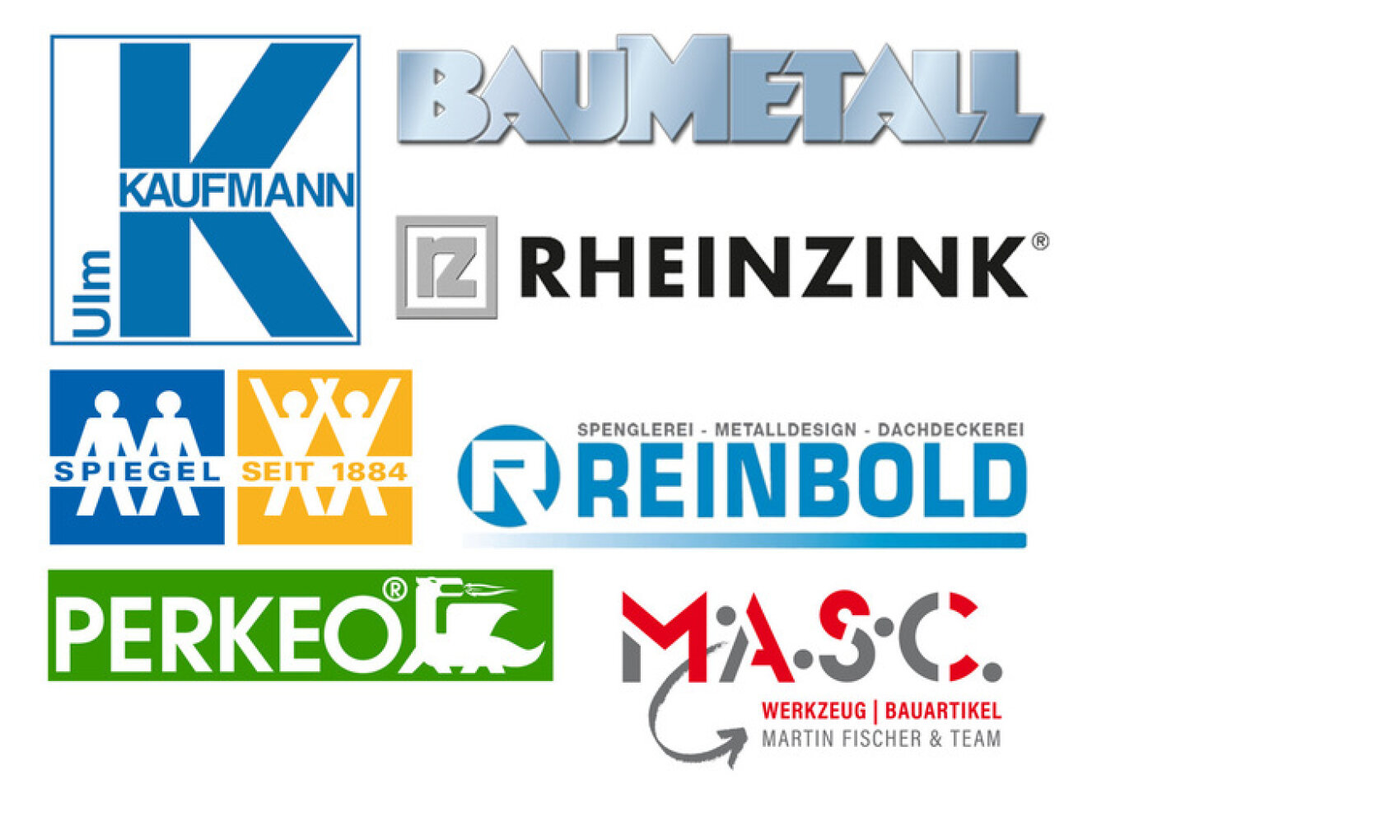 Eine Sammlung von sieben Logos verschiedener Unternehmen, darunter KAUFMANN, BAUMETALL, RHEINZINK, SPIEGEL, REINBOLD, PERKEO und MASC WERKZEUG, dargestellt auf weißem Hintergrund.