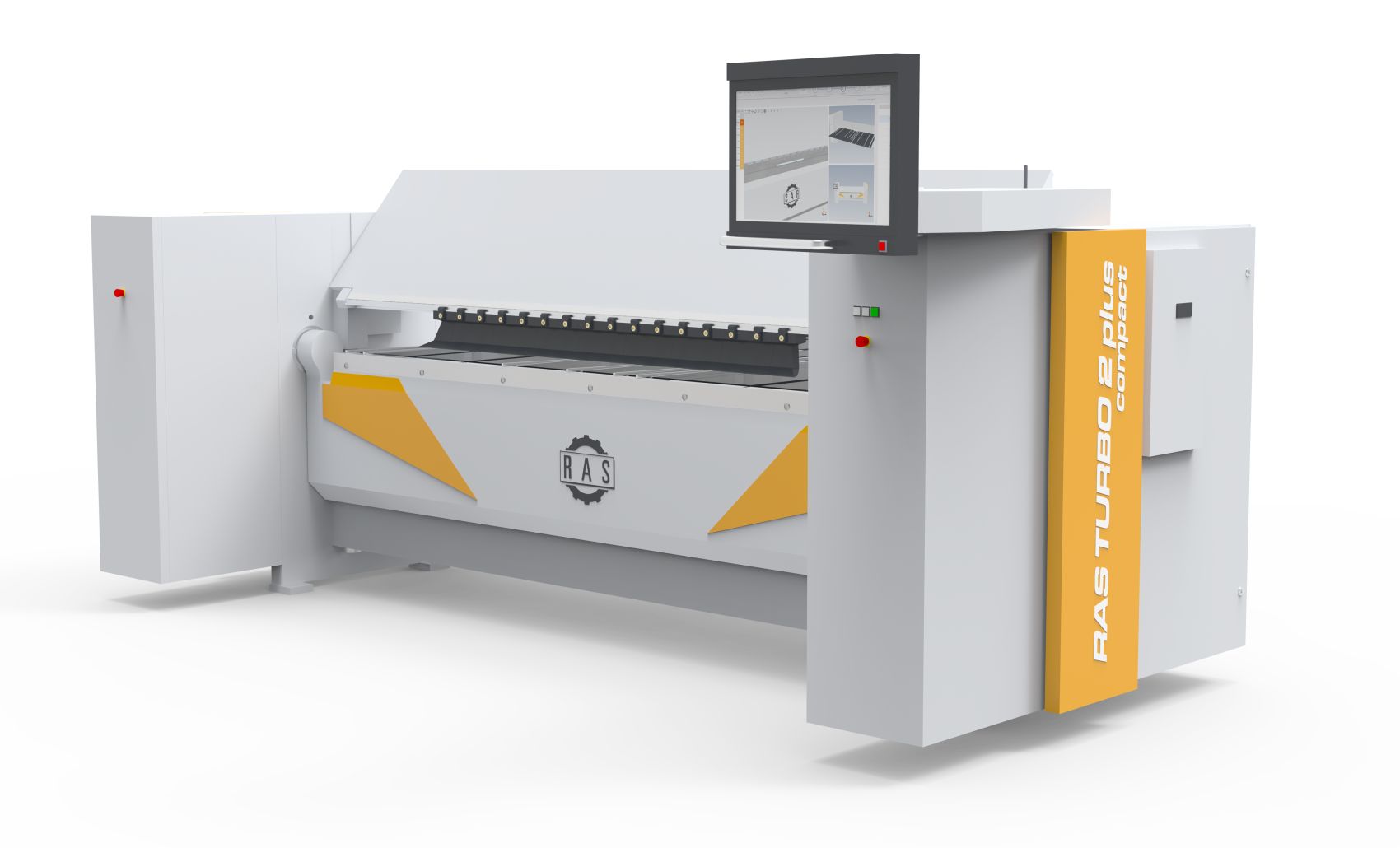 Eine moderne RAS TURBO2plus Metallbiegemaschine mit digitaler Anzeige, weißen und gelben Akzenten und einer großen flachen Arbeitsfläche, die für die industrielle Blechbearbeitung konzipiert ist.