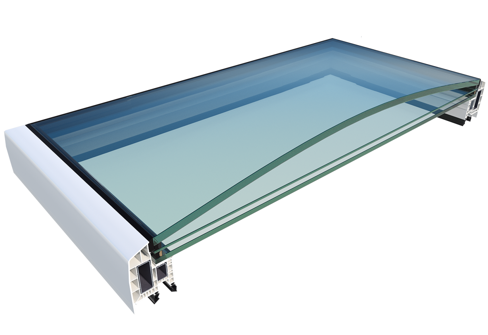 Ein Querschnitt durch geschichtete Glasscheiben in einem weiß-schwarzen Rahmen, der die Struktur und Dicke von Isolier- oder Verbundglas verdeutlicht.