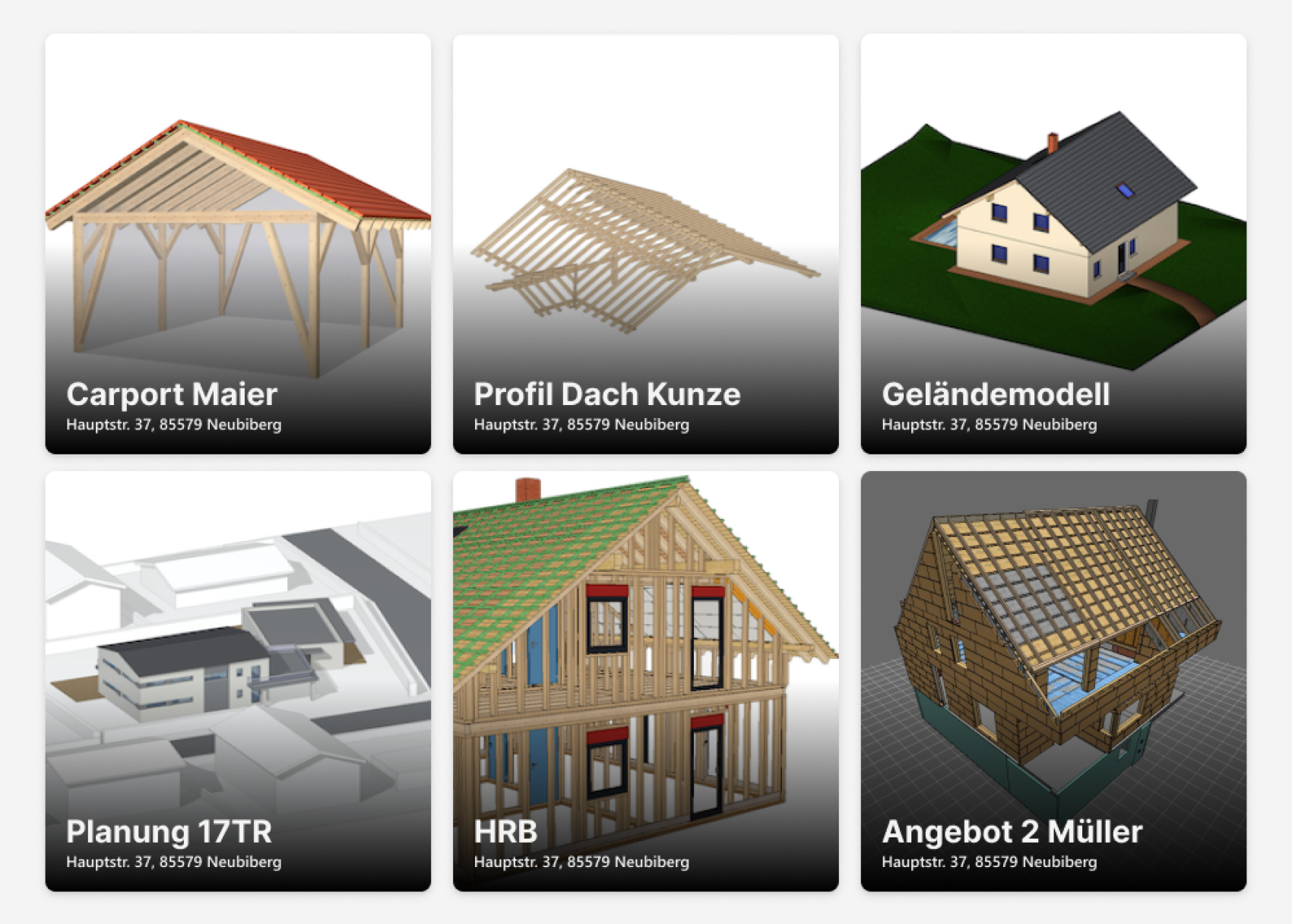 A grid of six architectural 3D models, including carports, roof structures, house frames, site plans and renderings of finished houses, each labeled with the project name and address "Hauptstr. 37, 85579 Neubiberg.".