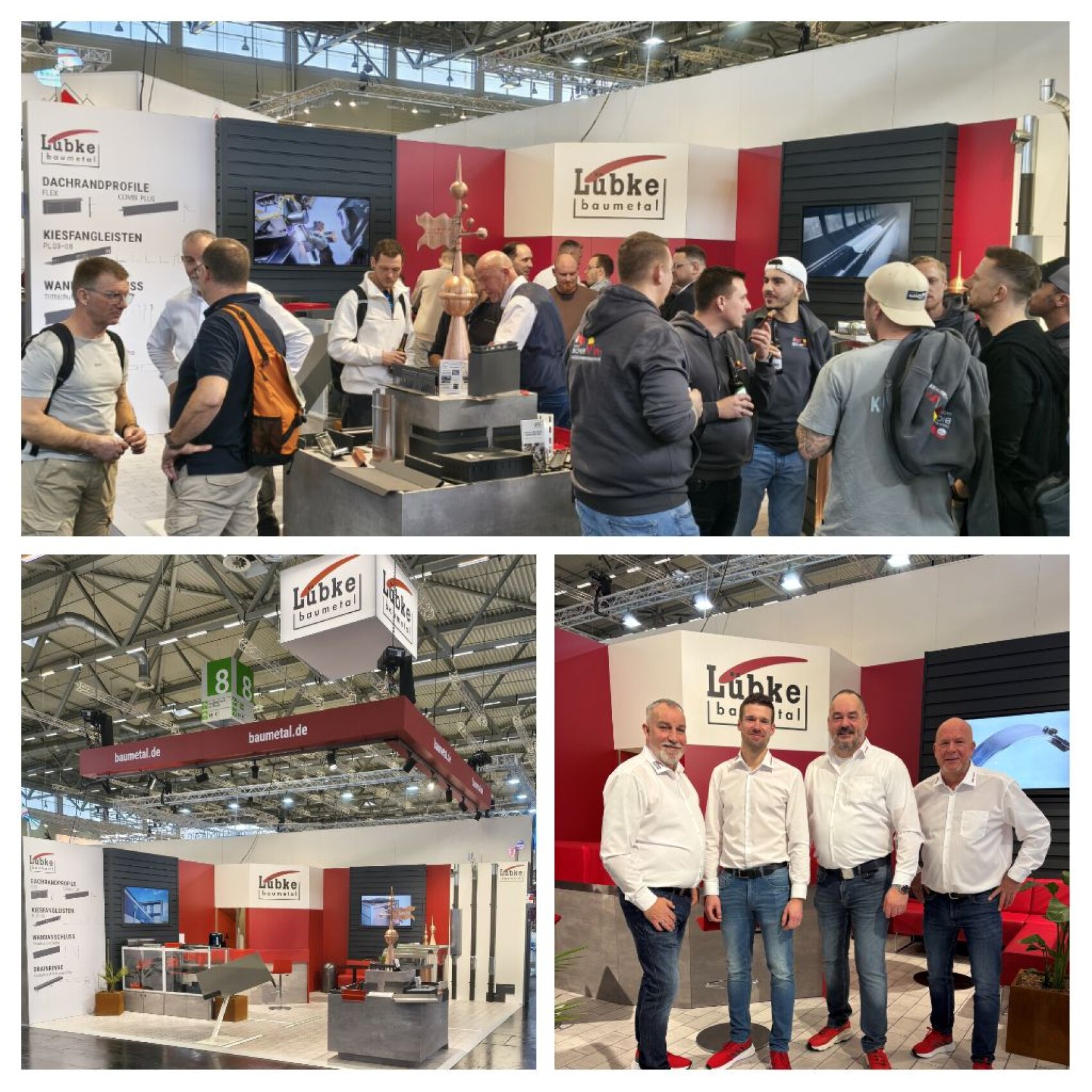 Eine Collage aus drei Fotos von einem Lübke Baumeind-Stand auf einer Messe. Ein Bild zeigt eine Gruppe, die sich unterhält, ein anderes zeigt vier Männer, die posieren, und das dritte zeigt den Standaufbau mit Bannern und Displays.