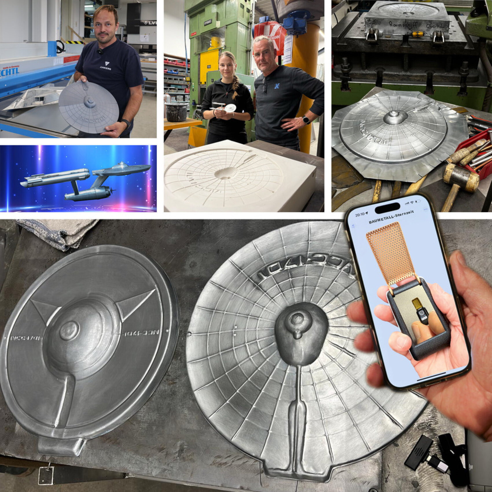 Eine Collage zeigt Menschen, die eine Metallform in Form der Star Trek Enterprise herstellen, Nahaufnahmen der Form, ein 3D-Modell des Raumschiffs und eine Hand, die ein Telefon und ein Apple Watch-Band im Star Trek-Design hält.