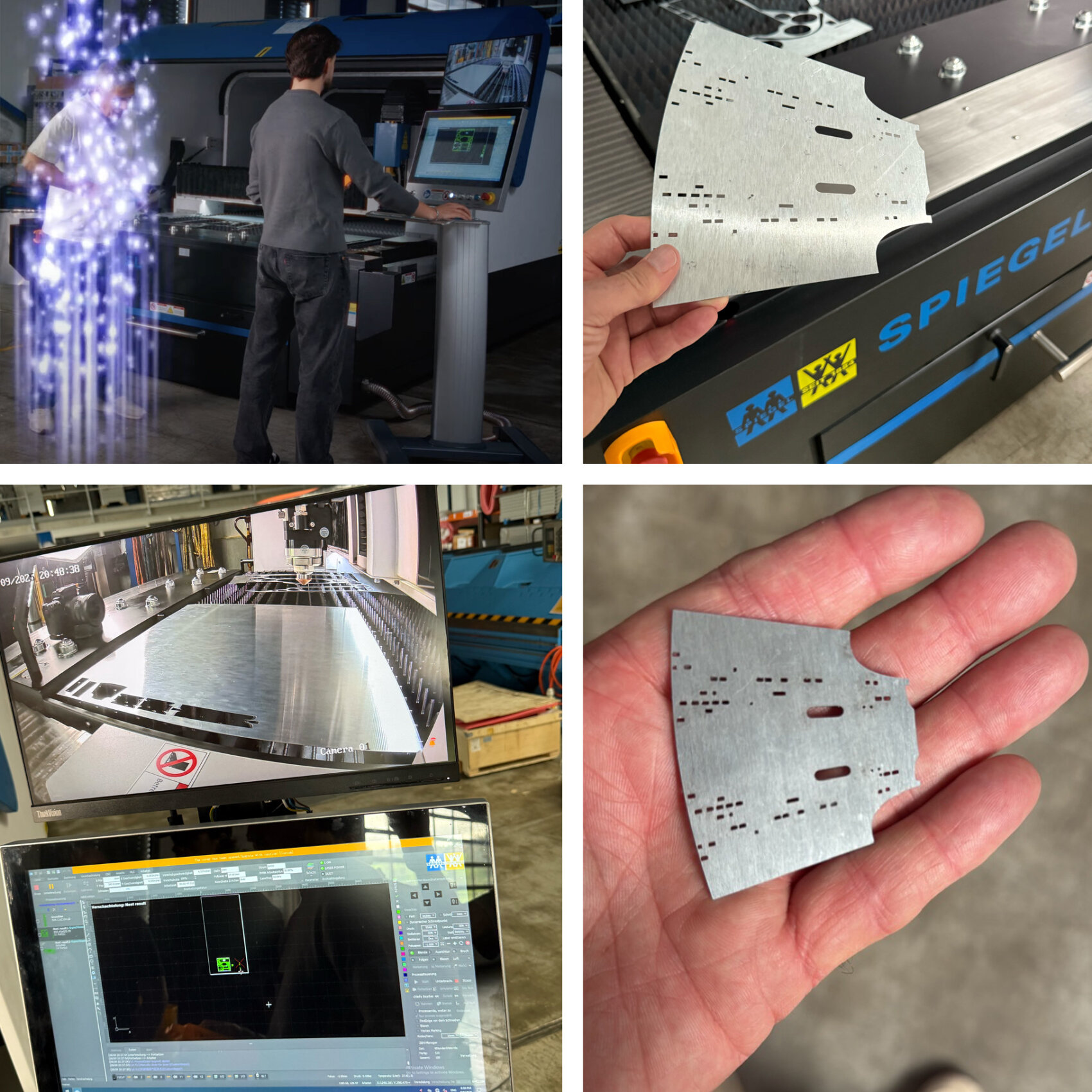 Eine Collage zeigt einen Mann, der eine CNC-Maschine bedient, eine Hand, die ein geschnittenes Metallteil hält, eine Nahaufnahme eines Maschinenbetts mit Blechen, einen Computerbildschirm mit einer Designsoftware und ein weiteres Handbild des geschnittenen Metallteils.